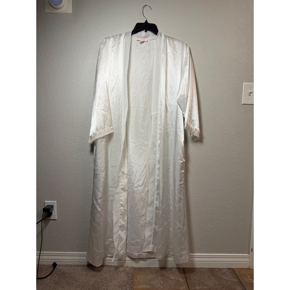 Oscar de la Renta Pink Label Ivory Satin Long Robe Lace Trim Medium RN14242
